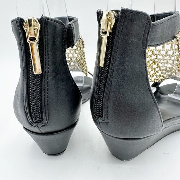 Thalia Sodi‎ Black Tibby Gold/Crystal Mesh Embellished Wedge Open-Toe Sandals 5M - Picture 8 of 16
